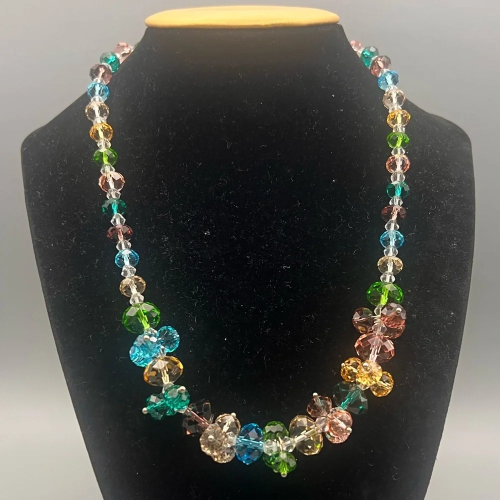 Y2K Multicolor Beaded Necklace — Crystal Flower Cluster Statement Jewelry, 18”